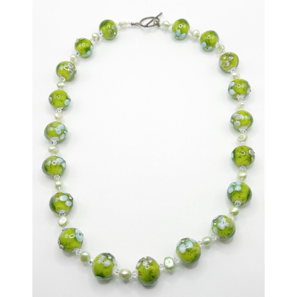 Green Lampwork‎ Glass Beaded Necklace With Dyed Freshwater Pearls